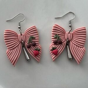 Chic Pink Bow Earrings with Fruit Details